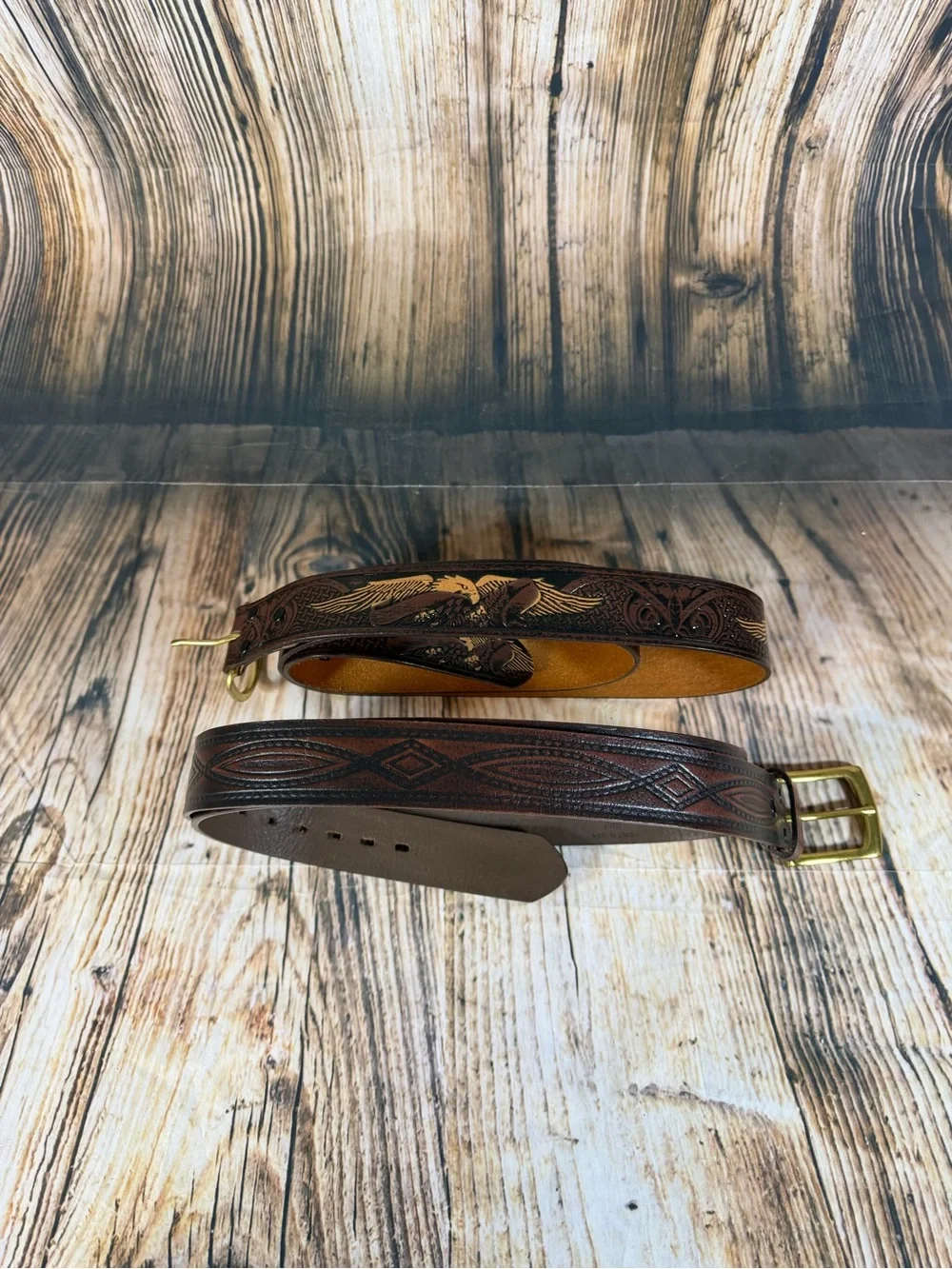 Wrangler Mens Leather Belt Lot of 2 Tooled Eagle Celtic Sz 44 Brass Buckle Brown